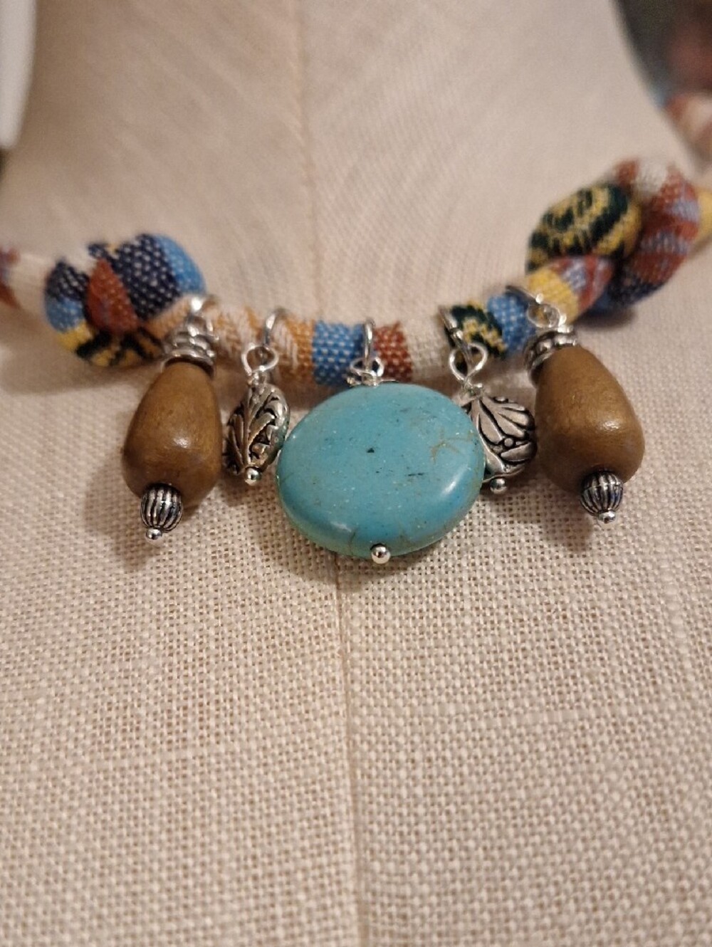Boho Turquoise Pendant Bead Necklace On Multicolor Fabric Cord - Picture 7 of 7
